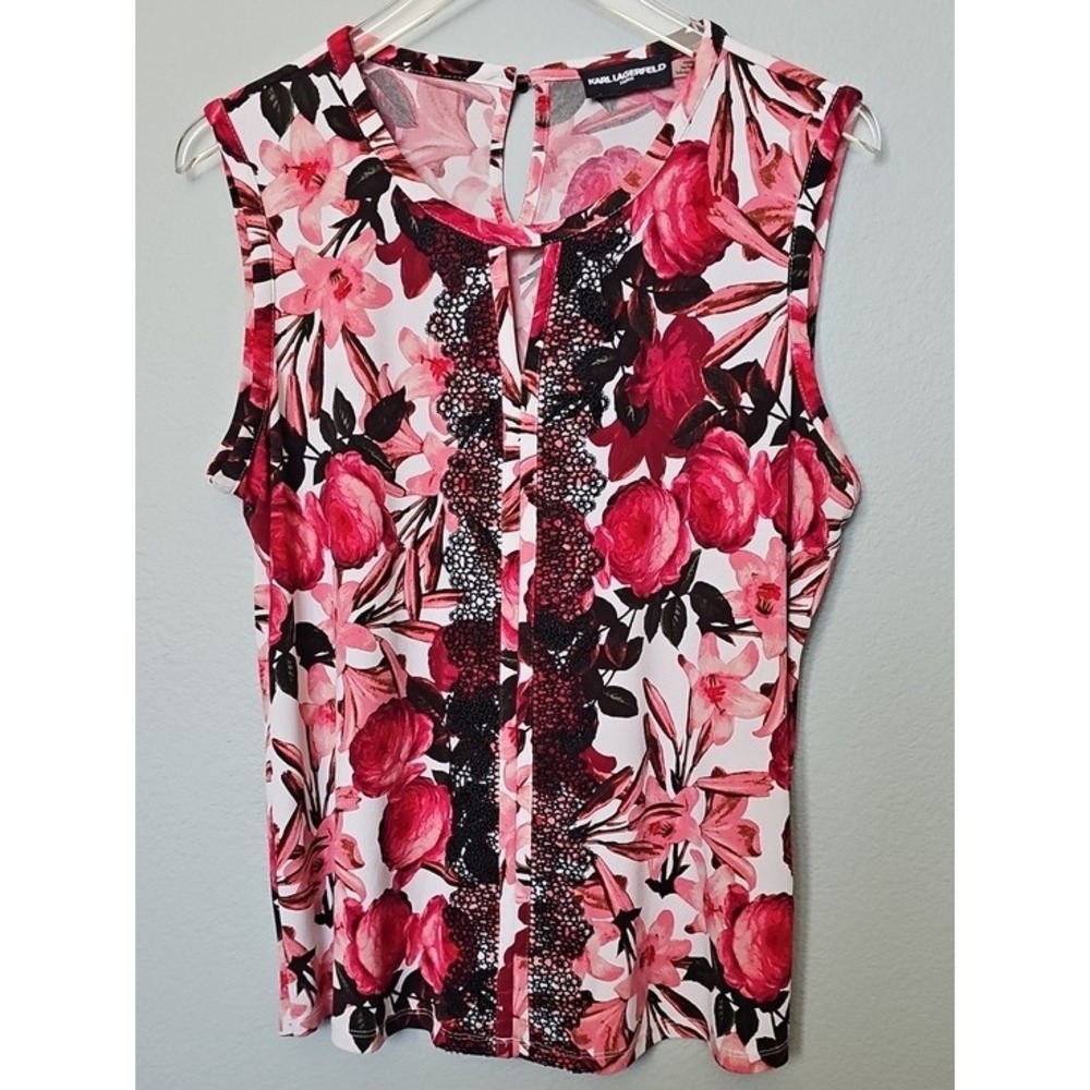 Karl Lagerfeld Paris Floral Lace Trim Keyhole Sleeveless Top XL Red Pink - Picture 7 of 7